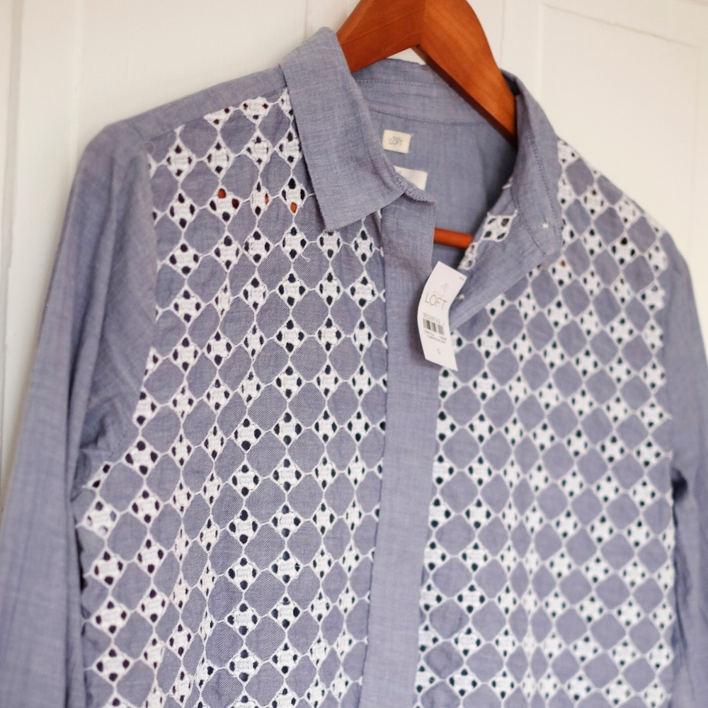 LOFT Women's Blue Patterned Top - Picture 3 of 8